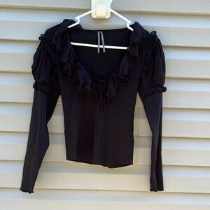 Anthropologie | Black Lace Ruffle Long Sleeve Top size Small